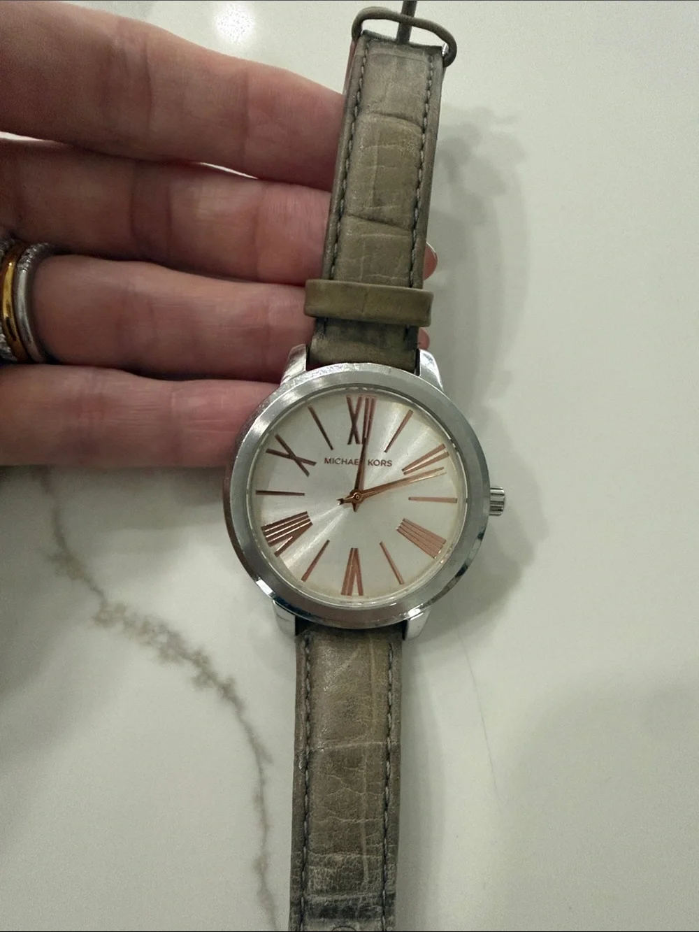 Michael Kors Silver Case Watch with Taupe Leather Strap and Rose-Gold Accents